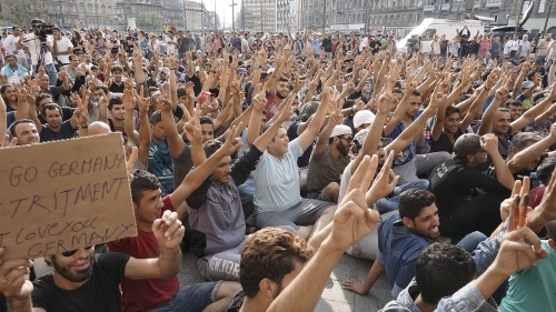 Syrian refugees strike in front of Budapest Keleti railway station.