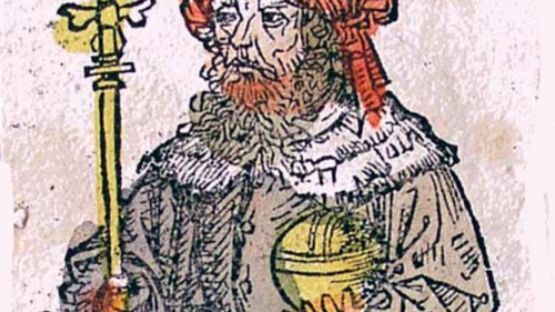 Artist illustration of King Cyrus - Colored woodcut from a 1480 edition of the Polychronicon 