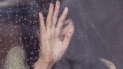 Woman with her hand up standing behind a window.