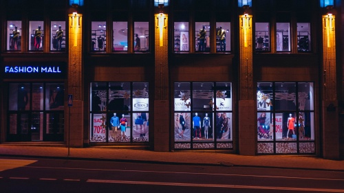 A storefront at night.