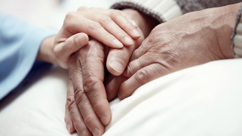 A young pair of hands comforting an elderly hand.