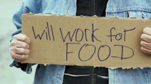 A man holding a "will work for food" sign.