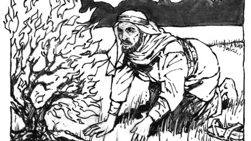 Illustration of Moses and the burning bush.