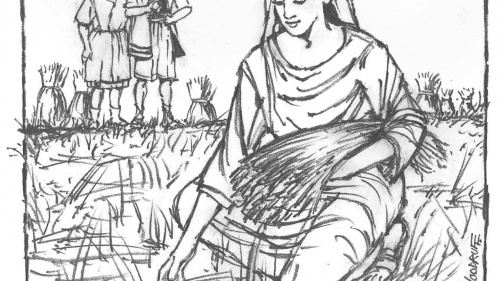 Illustration of Ruth picking grain.