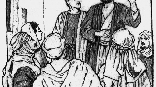 Illustration of Paul and Timothy preaching.