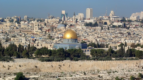 Jerusalem, Dome of the rock, in the background the Church of the Holy Sepulchre.