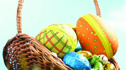 Basket of decorated Easter eggs.