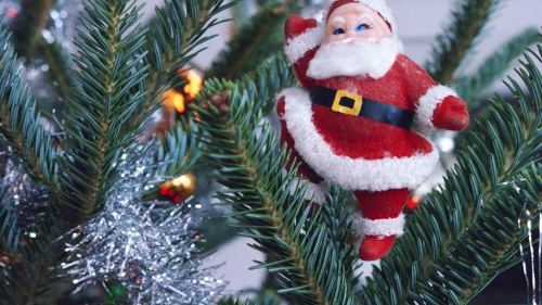Santa Claus ornament hanging of tree.