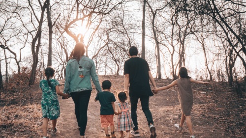a family holding hands as they walk outdoors