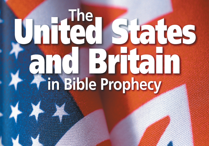 Text: "The United States and Britain in Bible Prophecy" on a background with the USA and British flags