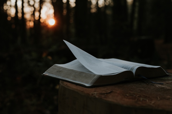 a open Bible against a dark outdoor background