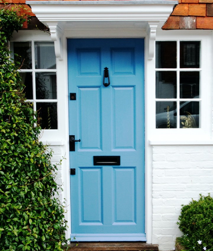 Blue wooden door.