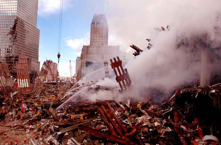 Building rubble that is smoking.