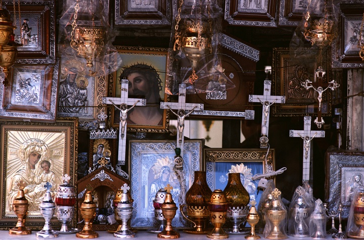 Religious idols and iconic trinkets. 