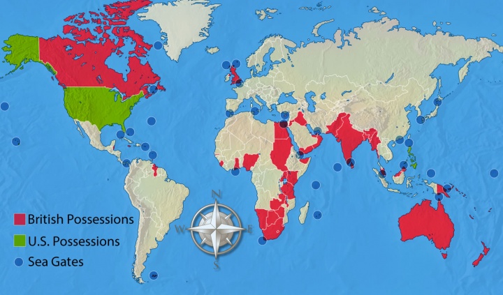 A world map showing British and United States possessions along with major sea gates.