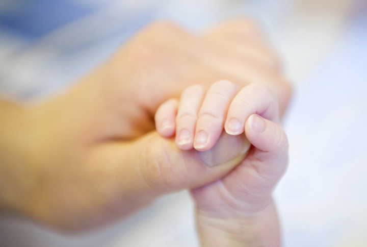 A person holding a baby's hand.