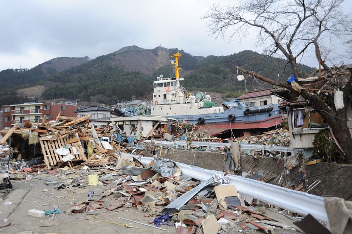 A tug boat among the debris in Ofunato, Japan following earthquake and tsunami.