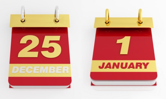 A calendar that shows December 25 and January 1.