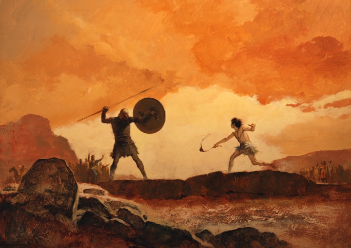 Artist illustration of David and Goliath fighting.