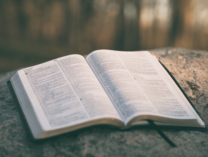 Open Bible laying on a rock.