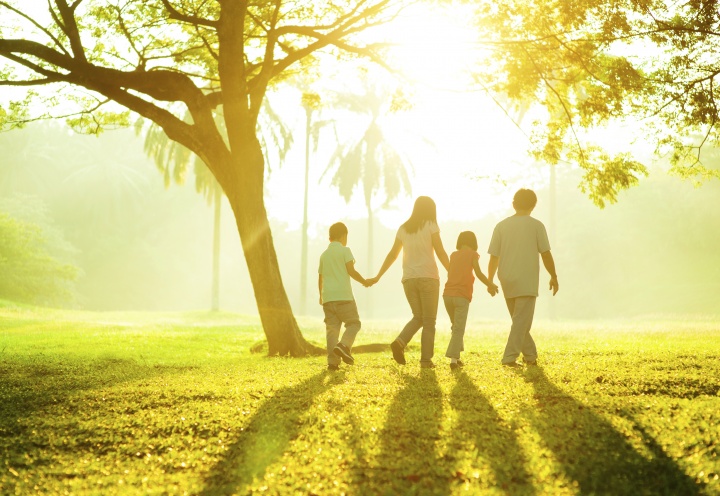 A family walking together in a peaceful park.