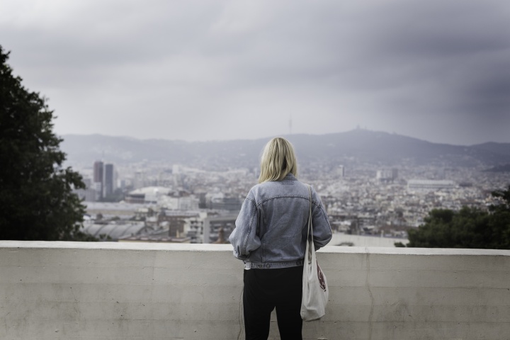 A woman standing by a brick wall looking out over city buildings.