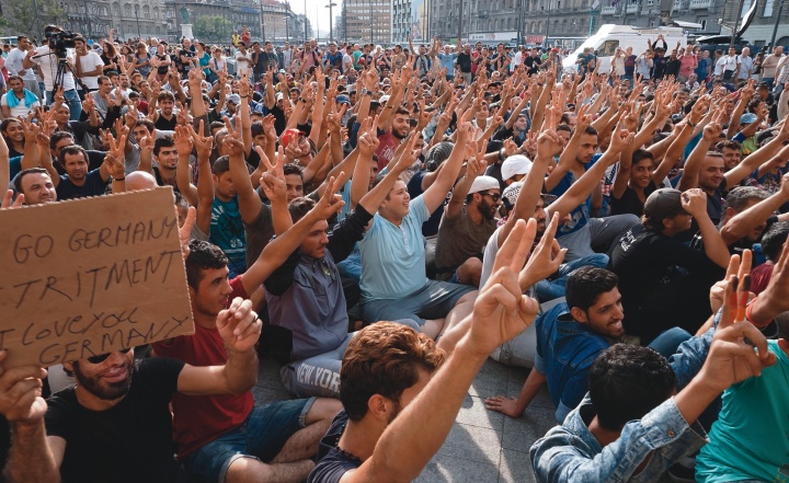 Young Syrian males strike at a Hungarian railway station demanding transit to Germany in late 2015.