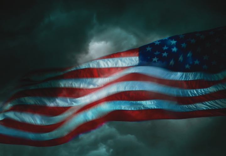 An American flag in a storm.