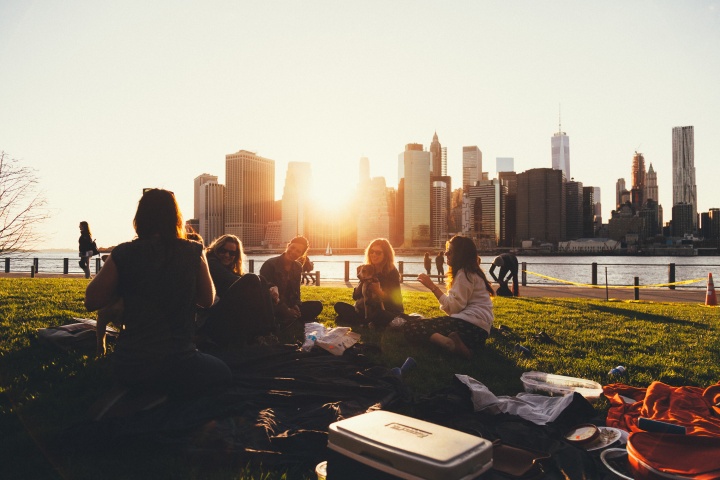 A group of friends on blanket in a park talking.