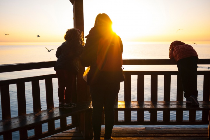 A mom with children on a deck looking over water.