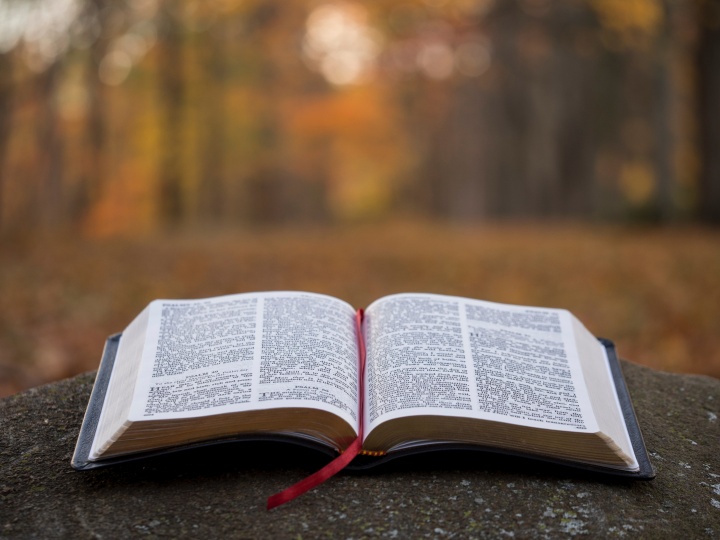 An open Bible laying on a table.