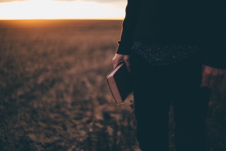 A person standing in a field holding a Bible while the sun is setting.