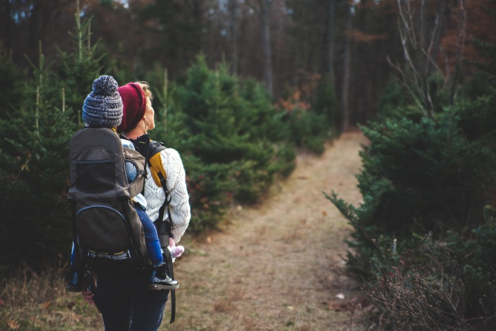 A woman hiking on a trail with a child on her back.