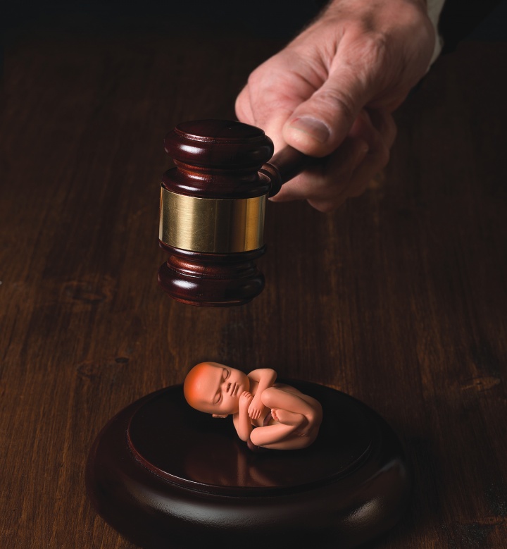 An illustration of newborn baby laying below a judge's gavel.