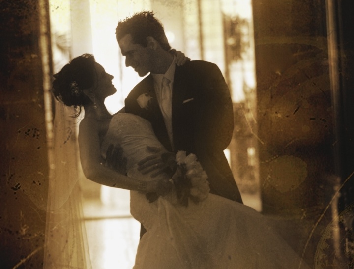 A bride and groom at their marriage ceremony.