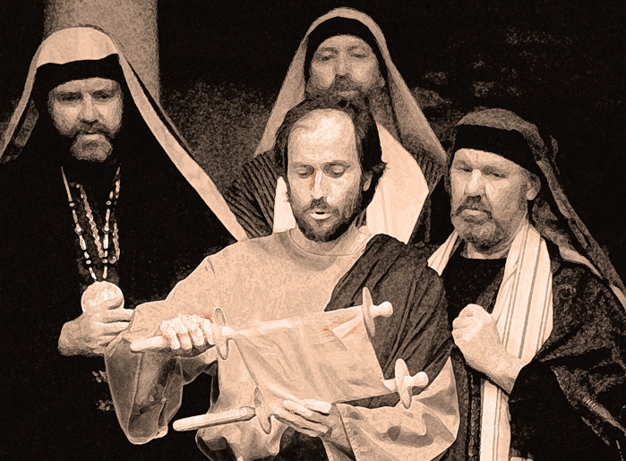 A photo illustration of the apostles and one of them is reading from a scroll.