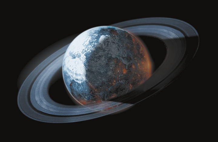 Illustration of a planet with rings around it.