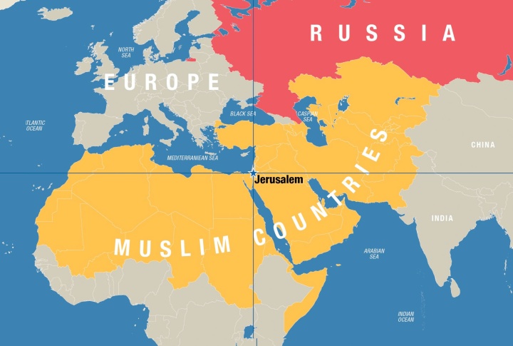 Map of Europe, North Africa, Asia with Jerusalem as the center point. 