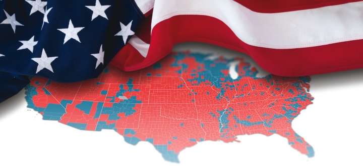 Artist illustration of American flag on top of US map of "red" and "blue" states.