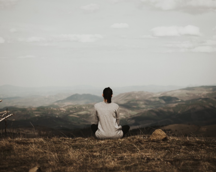 A woman sitting beside herself looking out over a vista.