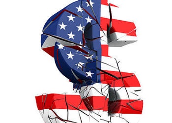 3D image of dollar sign with Unites States that's cracking.