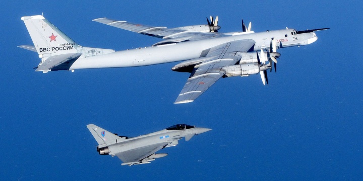 A British RAF Typhoon interecepts a Russian bomber near UK airspace.