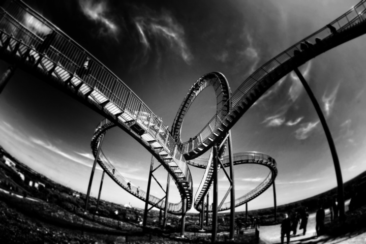 A twisting roller coaster.