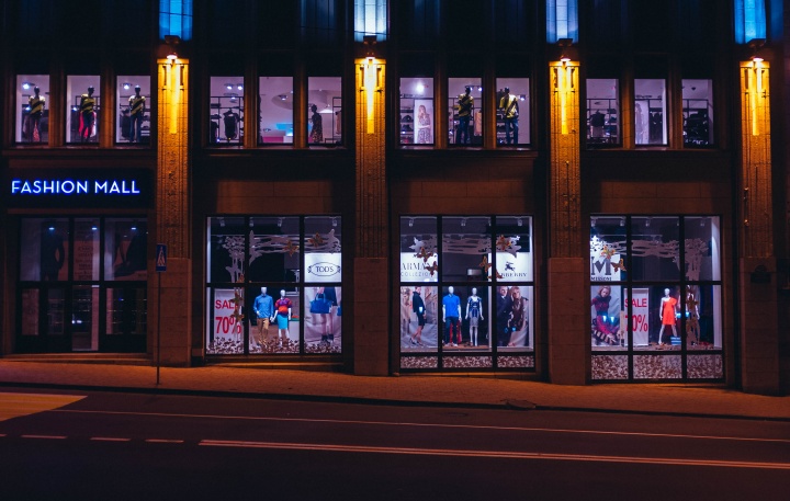 A storefront at night.