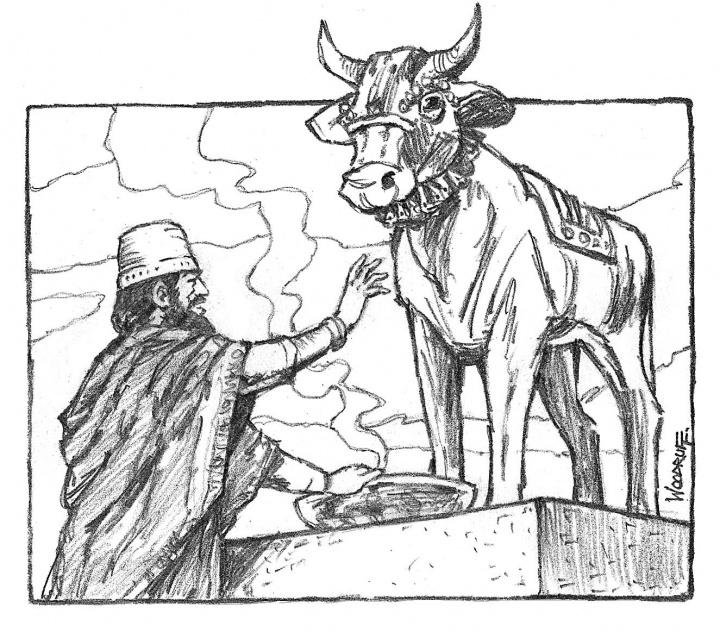 Illustration of Jeroboam and calf idol.