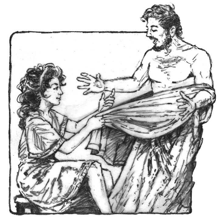 Illustration of Joseph fleeing from Potifar's wife.