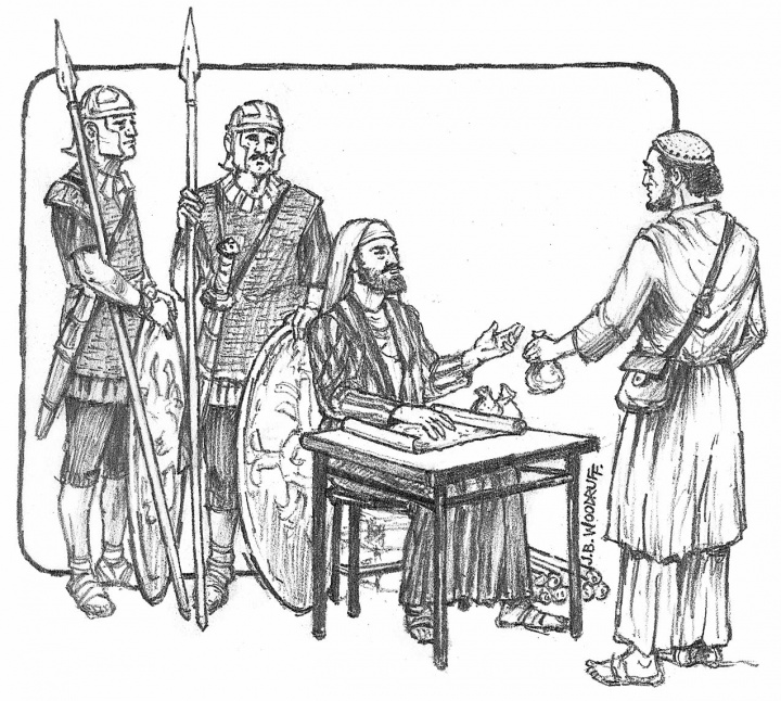 Illustration of taxes being paid to Matthew the tax collector.