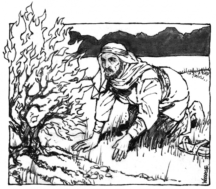 Illustration of Moses and the burning bush.