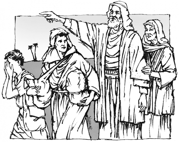 Illustration of Abraham and Sarah sending Hagar and Ishmael away.