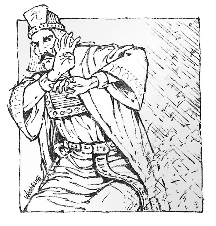 Illustration of King Nebchadnezzar back away from fiery furnace.